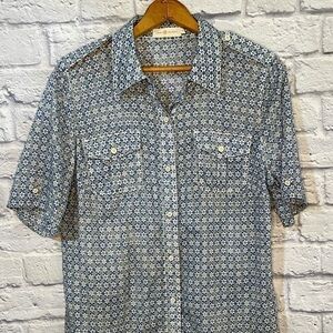 Tory Burch Women’s Short Sleeve Cotton Button Up Blue White Gold Green